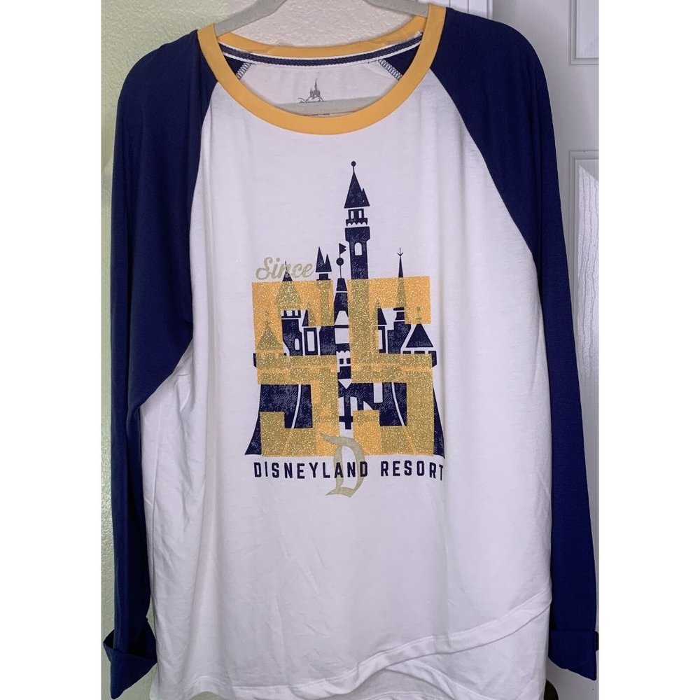 Disneyland 55 Ladies XL Blue Gold Baseball Style Long Sleeve Shirt
